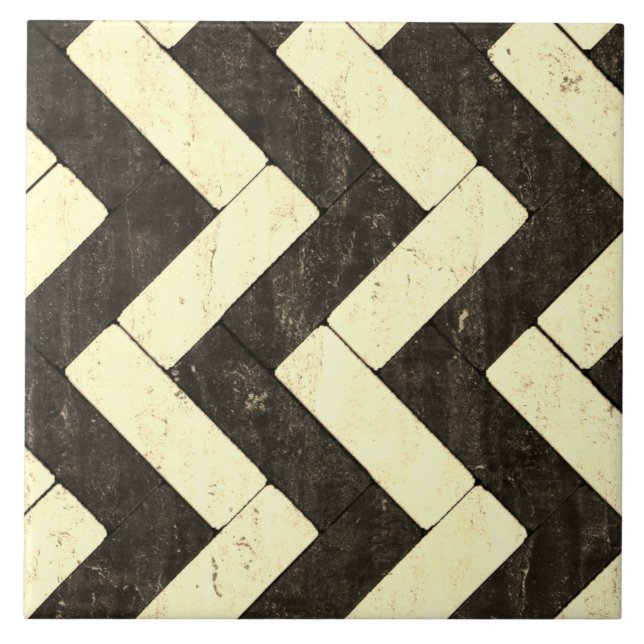 Zig-Zag White and Black Brick Pavers Ceramic Tile (Front)