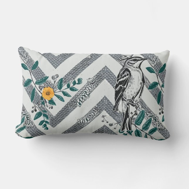Zigzag Bird & Flower Pattern Lumbar Cushion (Front)