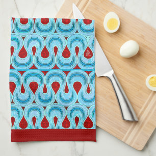 Zigzag Blue and Red Ribbon Candy - Red Border Tea Towel