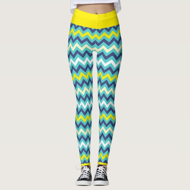 Zigzag Blue Green Yellow Chevron Pattern Pretty Leggings (Front)