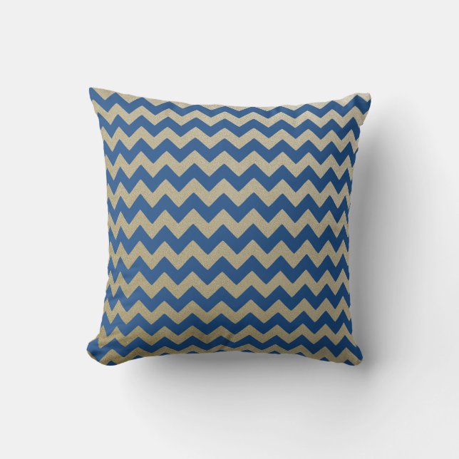 Zigzag Chevron Blue Gold Pattern Cushion (Front)