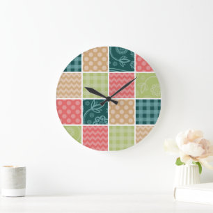 Zigzag, Chevron, Gingham, Polka Dots, Patchwork Large Clock