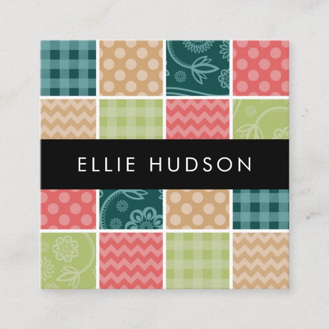 Zigzag, Chevron, Gingham, Polka Dots, Patchwork Square Business Card (Front)