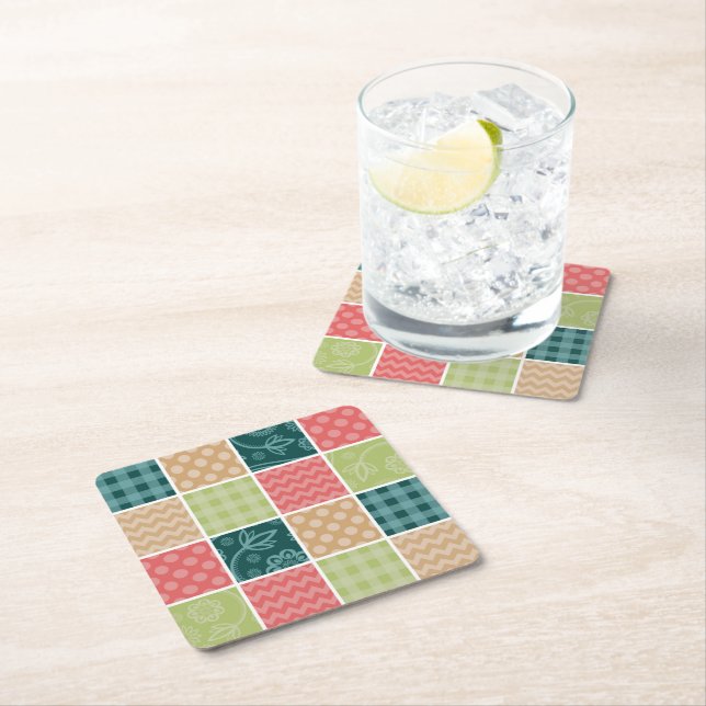 Zigzag, Chevron, Gingham, Polka Dots, Patchwork Square Paper Coaster (Insitu)