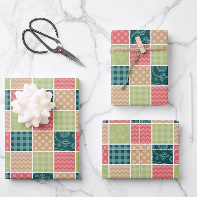 Zigzag, Chevron, Gingham, Polka Dots, Patchwork Wrapping Paper Sheet (Front)