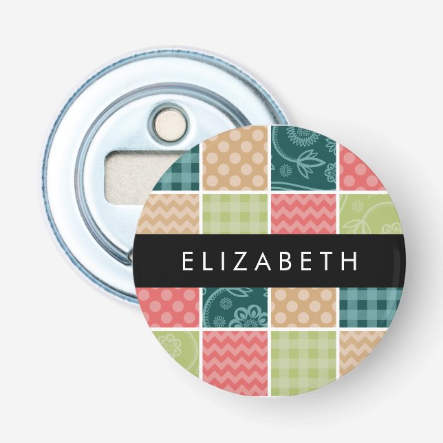 Zigzag, Chevron, Gingham, Polka Dots, Your Name Bottle Opener (Front)