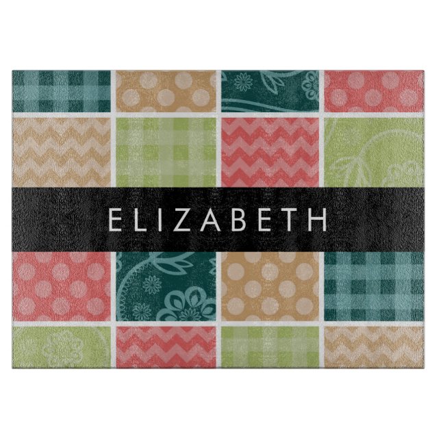 Zigzag, Chevron, Gingham, Polka Dots, Your Name Cutting Board (Front)