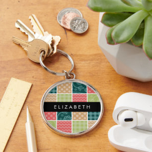 Zigzag, Chevron, Gingham, Polka Dots, Your Name Key Ring