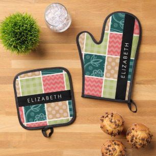 Zigzag, Chevron, Gingham, Polka Dots, Your Name Oven Mitt & Pot Holder Set
