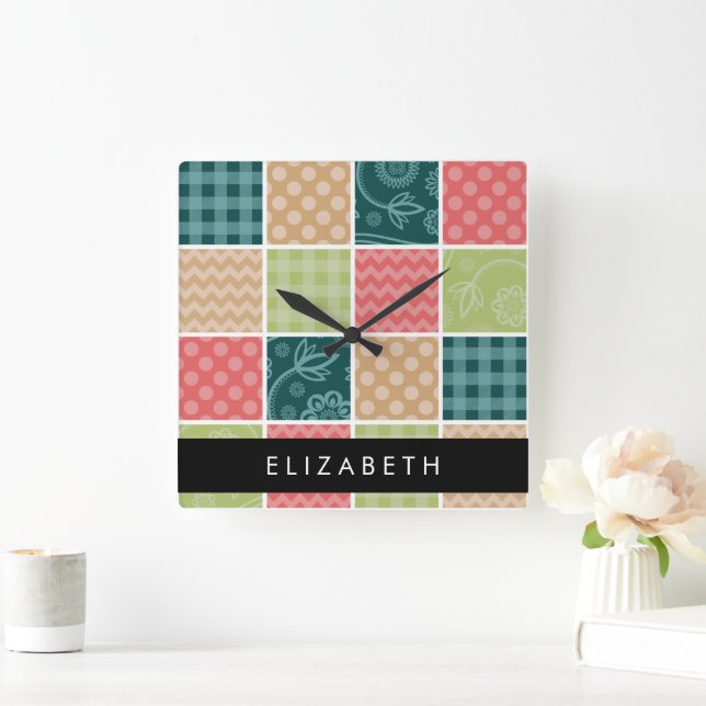 Zigzag, Chevron, Gingham, Polka Dots, Your Name Square Wall Clock (Home)