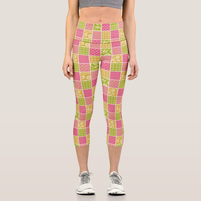 Zigzag, Chevron, Polka Dots, Gingham, Patchwork Capri Leggings (Front)