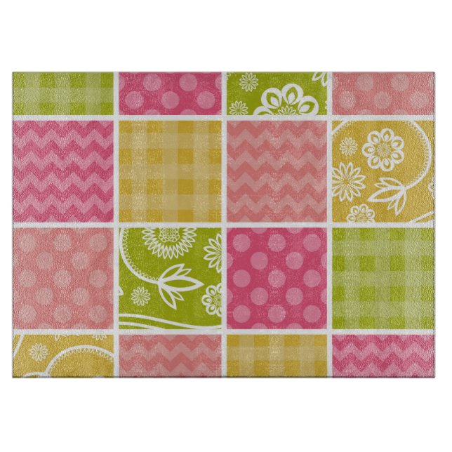 Zigzag, Chevron, Polka Dots, Gingham, Patchwork Cutting Board (Front)