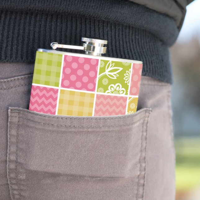 Zigzag, Chevron, Polka Dots, Gingham, Patchwork Hip Flask (In Situ)