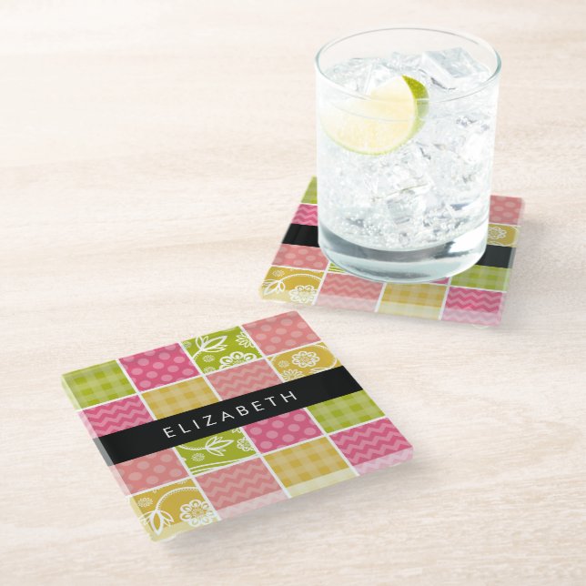 Zigzag, Chevron, Polka Dots, Gingham, Your Name Glass Coaster (Angled)