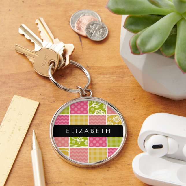 Zigzag, Chevron, Polka Dots, Gingham, Your Name Key Ring (Desk)