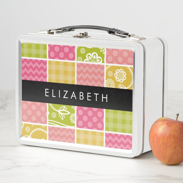 Zigzag, Chevron, Polka Dots, Gingham, Your Name Metal Lunch Box (In Situ)