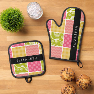 Zigzag, Chevron, Polka Dots, Gingham, Your Name Oven Mitt & Pot Holder Set