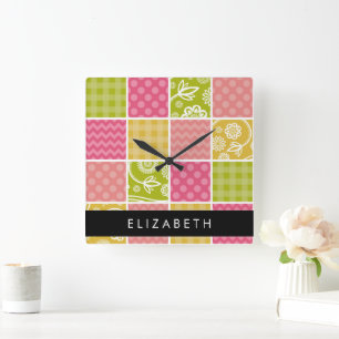 Zigzag, Chevron, Polka Dots, Gingham, Your Name Square Wall Clock