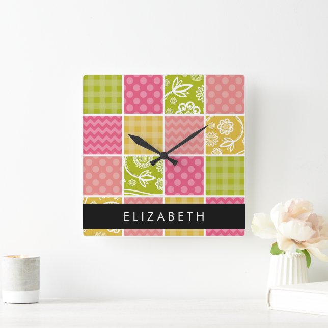 Zigzag, Chevron, Polka Dots, Gingham, Your Name Square Wall Clock (Home)