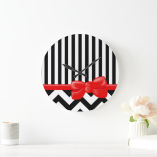 Zigzag, Chevron, Stripes, Black and White Large Clock