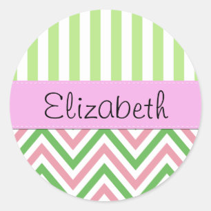 Zigzag, Chevron, Stripes, Pink, Green, Your Name Classic Round Sticker