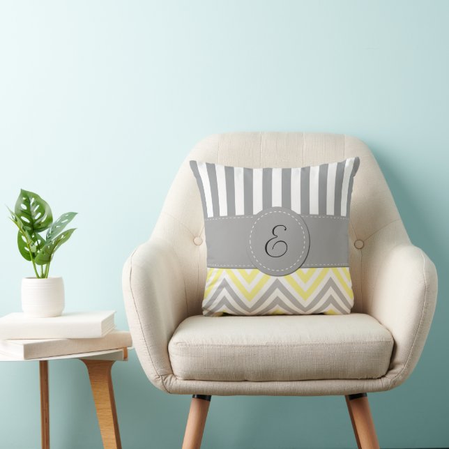 Zigzag, Chevron, Stripes, Yellow, Grey, Monogram Cushion (Chair)