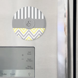 Zigzag, Chevron, Stripes, Yellow, Grey, Monogram Magnet