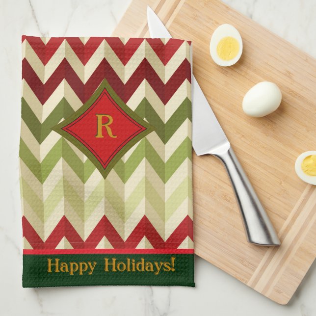 Zigzag Christmas (Monogrammed) Tea Towel (Quarter Fold)
