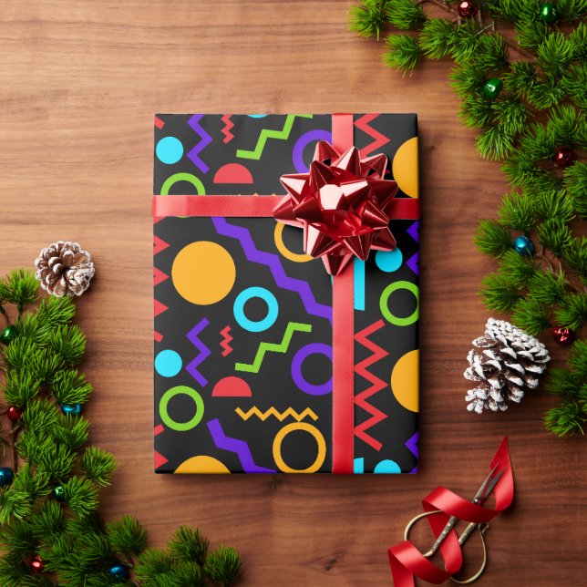 Zigzag Circles Pattern in Neon on Black Wrapping Paper (Holiday Gift)