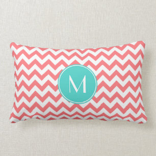 Zigzag Coral and Aqua Custom Monogram Lumbar Cushion