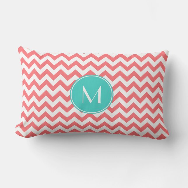 Zigzag Coral and Aqua Custom Monogram Lumbar Cushion (Front)