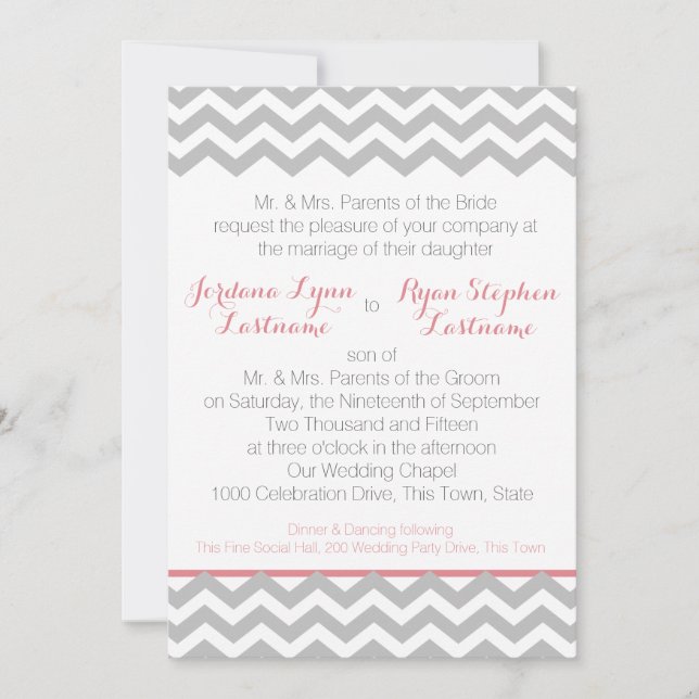 Zigzag Grey and Pink Invitation (Front)