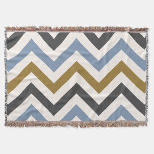 Zigzag Large Pattern Gold Grey & Blue on Cream Throw Blanket