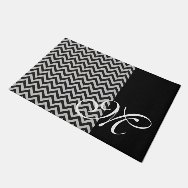 ZIGZAG pattern - black + your backgr. & Monogram Doormat (Angled)