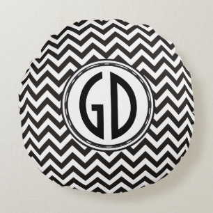 ZIGZAG pattern - black + your backgr. & monogram Round Cushion