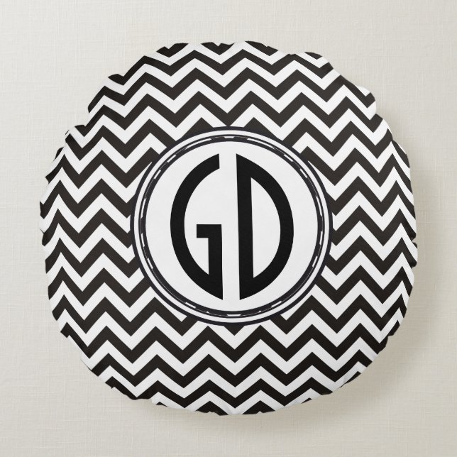 ZIGZAG pattern - black + your backgr. & monogram Round Cushion (Front)