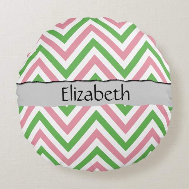 Zigzag Pattern, Chevron Pattern, Your Name Round Cushion (Front)