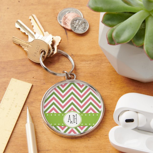 Zigzag Pattern, Chevron, Pink, Green, Monogram Key Ring (Desk)
