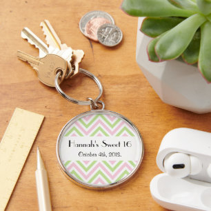 Zigzag Pattern, Chevron, Pink, Green, Sweet 16 Key Ring