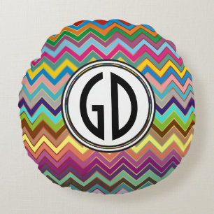 ZIGZAG pattern - coloured + your monogram Round Cushion