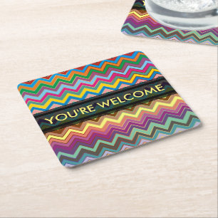 ZIGZAG pattern - coloured + your text Square Paper Coaster