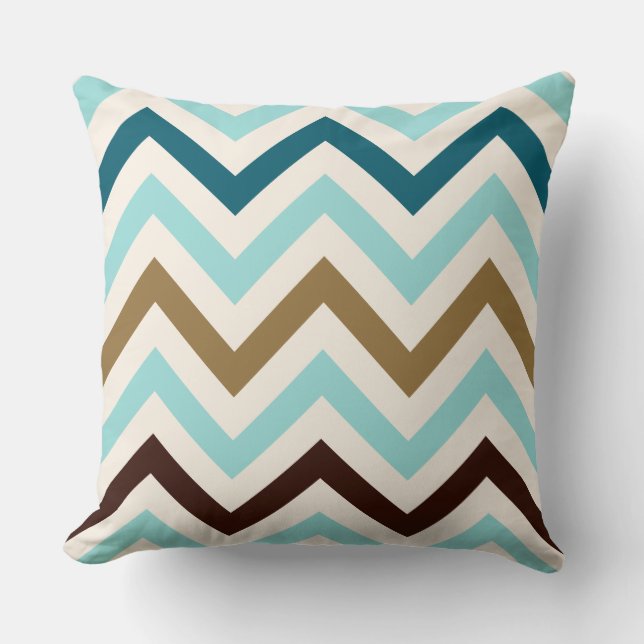 Zigzag Pattern Cream Teals Gold Brown Cushion (Front)