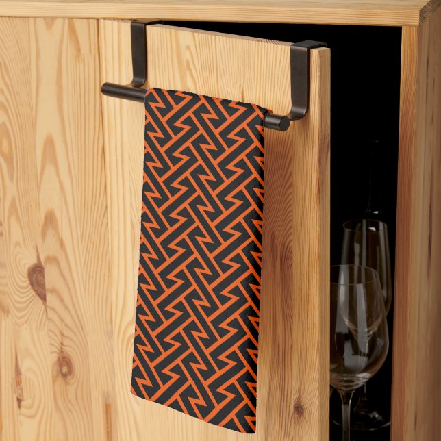 Zigzag Pattern Modern Geometric Orange & Black Tea Towel (Thirds Fold)