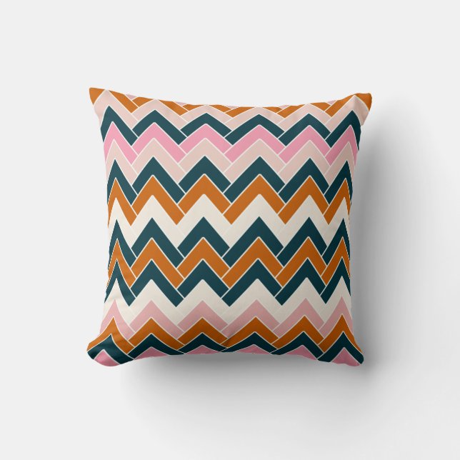 Zigzag Pattern Navy Blue Pink Orange Chevron Cushion (Front)