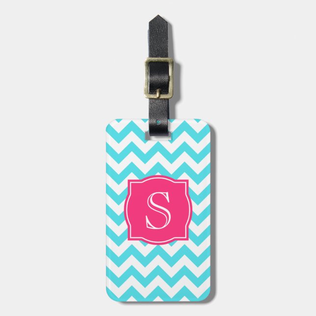 Zigzag Turquoise and Pink Custom Monogram Luggage Tag (Front Vertical)