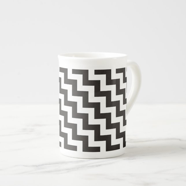 Zigzags Bone China Mug, Black and White Chevrons Mug (Front Right)