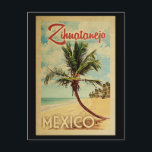 Zihuatanejo Postcard Palm Tree Vintage Travel<br><div class="desc">A uniquely retro mid-century modern Zihuatanejo Mexico art print in vintage travel poster style. It features a curved palm tree on sandy beach with ocean under a blue cloudy sky.</div>