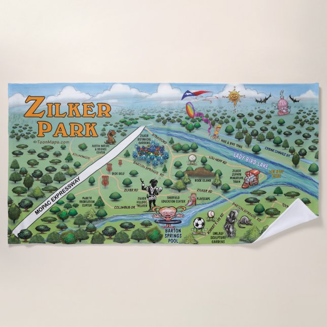 Zilker Park Fun Map Beach Towel (Front)