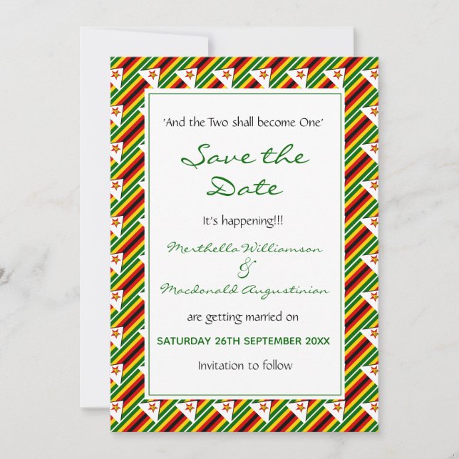 ZIMBABWE FLAG Customised Scripture IT'S HAPPENING! Save The Date (Front)