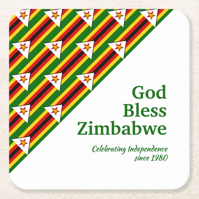 ZIMBABWE FLAG with Customisable Text GOD BLESS Square Paper Coaster (Front)